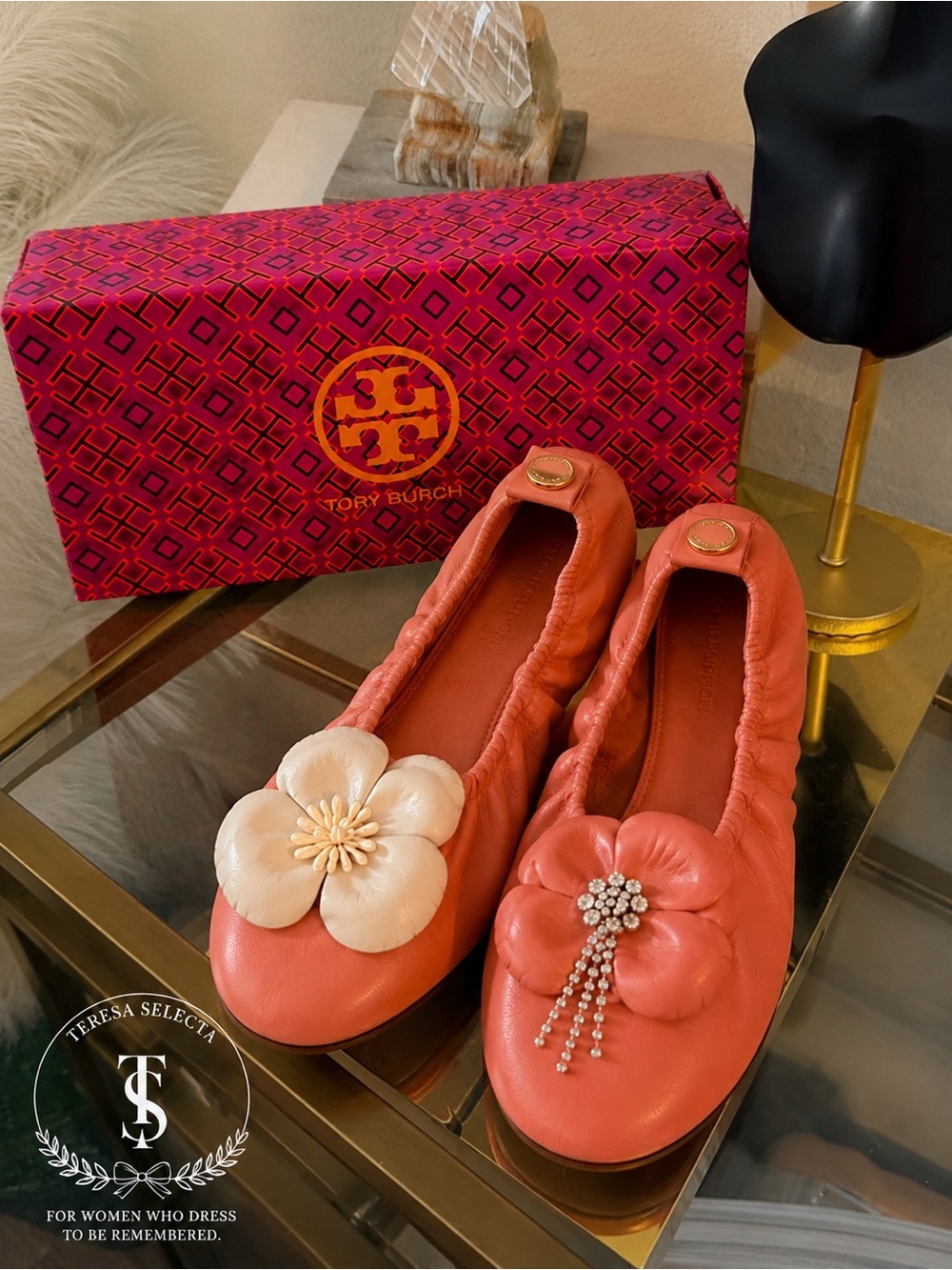 🌸 Tory Burch Coral Leather Ballet Flats 3D Floral Appliqué Crystal Accent